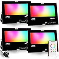 iLC Foco LED RGB de Colores 30W, cambio de color RGBW equivalente a 300W, 16 millones de color, temporización, 2700K blanco cálido, IP66 a prueba de agua (Paquete de 4)