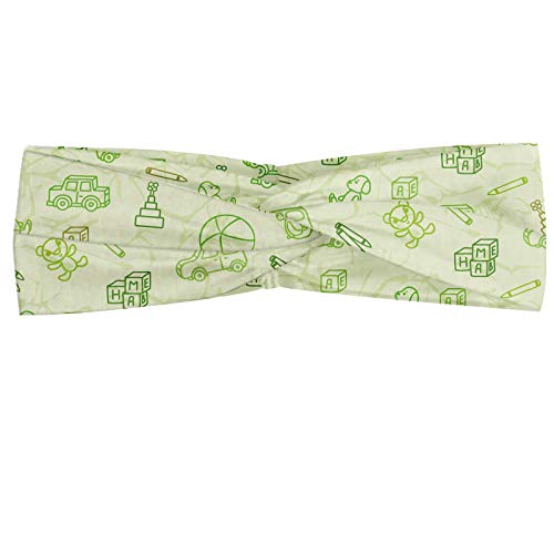 Preisvergleich Produktbild ABAKUHAUS Baby Halstuch Bandana Kopftuch, Cartoon-Gekritzel-Zeichnungs-Art Lustige Kinderspielzeug Bälle Autos Teddybären Crayons Muster, Elastisch und Angenehme alltags accessories, Blasses Grün