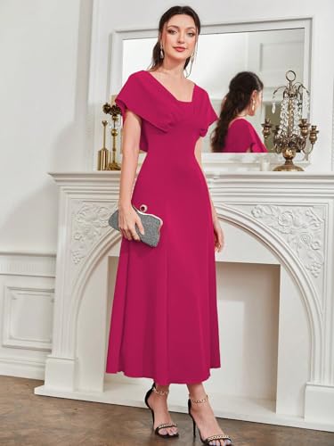 Image of Shasmi Women's & Girl's Solid A-Line Maxi Dress | V-Neck Pleated Bodice | Cap Batwing Sleeves | Fit & Flare Evening Gown (Dress 274)
