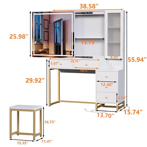 Vanity Set with Lighted Mirror and Charging Station, Extra Large Mirror Makeup Vanity Table with Cushioned Stool,5 Drawers, Modern Vanity Table with Nightstand