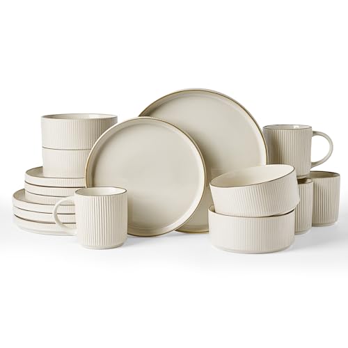 Image of Famiware Star 16-Piece Stoneware Dinnerware Set with Trim, Service for 4 -Ceramic Mugs, Plates and Bowls, Modern Rustic Dishes with High Edge, Chip /Scratch Resistant, Microwave /Dishwasher Safe, White
