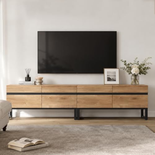 WAMPAT Modern TV Stand for 50-75 Inch TVs, Wood Entertainment Center with Metal Base Storage Cabinets, Media TV Console for Living Room, Oak, 2Pcs