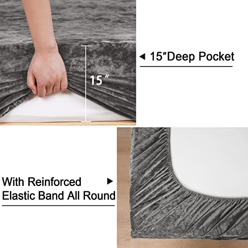 Phf Truly Velvet Fitted Sheet King Size, 1 Pack Luxury Super Soft Cozy Comfy Bed Sheets With 15'' Deep Pocket,Suitable For Fall Winter And Spring, No Pillowcases, Charcoal/Dark Grey #TOP4