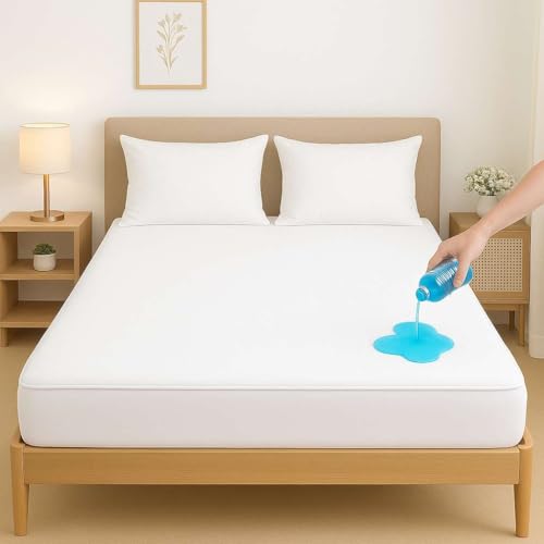 Protector de colchón impermeable de rizo de algodón transpirable para cama Queen blanca 4