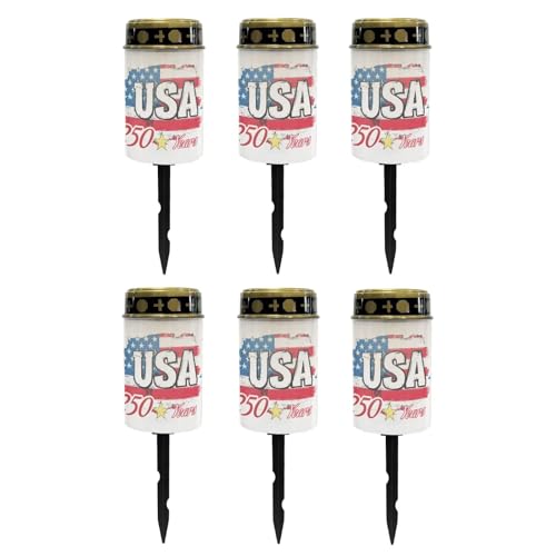 Image of Poceacles USA Flag 250 Years Print Outdoor Lights Solar Grave Candle Solar Cemetery Candles LED Automatic Patriotic Flameless Cemetery Lights for America 250th Independence Day Decor, Set of 6