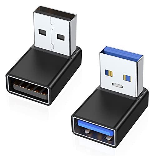 Image of AreMe 90 Degree USB 3.0 Adapter 2 Pack, Up and Down Angle USB A Male to Female Converter Extender for PC, Laptop, USB A Charger, Power Bank and More (Black)