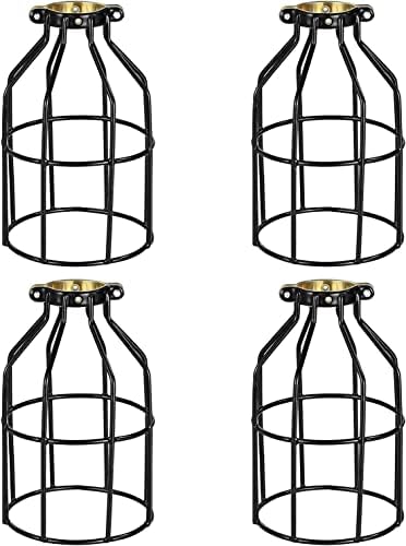 Simple Deluxe 4-Pack Adjustable Industrial Clamp on Metal Bulb Guard Cage for Pendant, Farmhouse Light Fixture, Vintage Lamp Shades and Hanging Lamp, Black