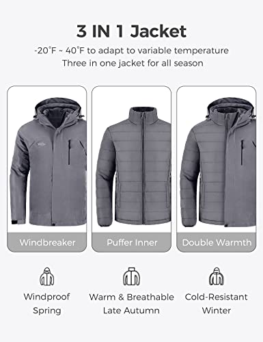 wantdo Men's 3 in 1 Ski Jacket With Removable Puffer Coat Gray 2XL