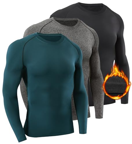 SILKWORLD Men's Thermal Long Sleeve Compression Shirts Athletic Cold Weather Rash Guard Base Layer, 3pack_Black,Hemp Grey,Cyan, 3X-Large