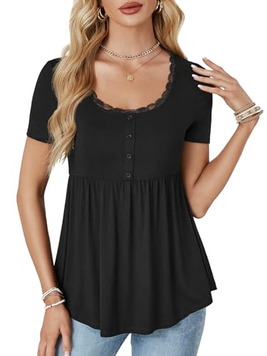 Rooscier Women's Scoop Neck Short Sleeve Tunic Flowy Ruffle Hem Casual Blouse Peplum Top2