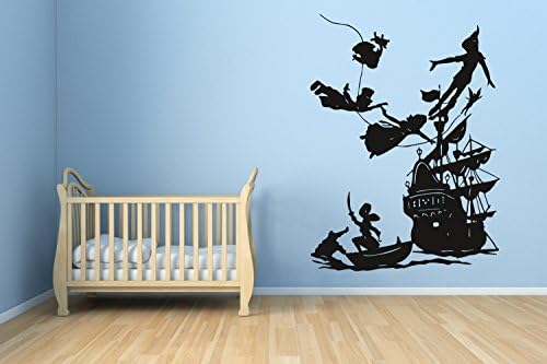 Pirate Ship Captain Hook Treasure Tinkerbell Wall Vinyl Sticker Fairy Tale Little Peter Pan in London Big Ben Moon Cartoon Character Girl Boy Nursery Kids Room Poster Art Tinker Bell SA1487
