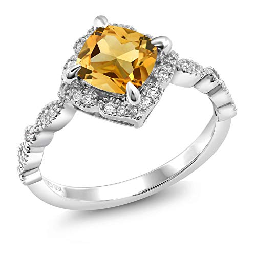 Gem Stone King 925 Sterling Silver Yellow Citrine And Moissanite Solitaire Ring For Women (1.74 Cttw, Cushion Cut 7Mm, Gemstone, Available In Size 5, 6, 7, 8, 9) #TOP1