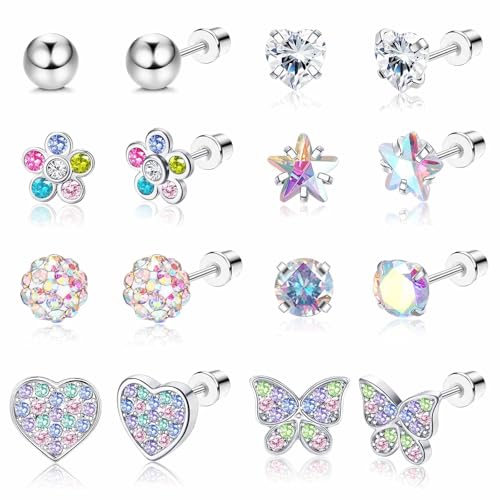 Jstyle Hypoallergenic Earrings for Girls Women Surgical Stainless Steel Stud Earrings for Sensitive Ears Flat Screw Back Earrings Set Cute Girls Kids Earrings Toddler Earrings Jewelry for Teen Girls
