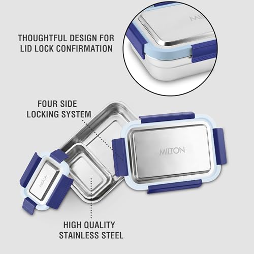 Image of MILTON Modern Meal Jr. Stainless Steel Tiffin, Set of 2 (750 ml,140 ml), Blue | Food Grade | BPA Free | Refrigerator Safe | Odour Free I Durable and Stylish Lunch Box for Home, Office & Travel