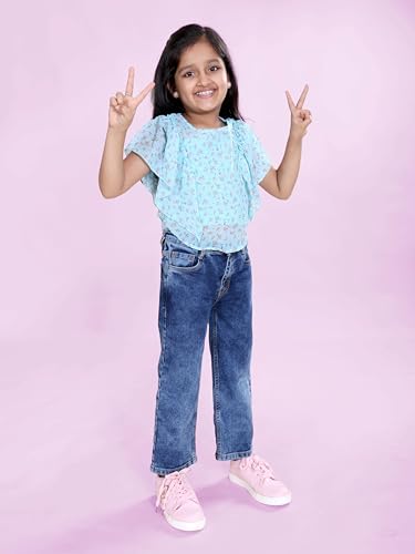 Image of KiddoPanti Girls Solid Waist Elasticated Straight Fit Jeans