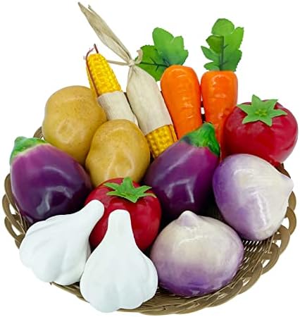 Lorigun 14 Pcs Artificial Vegetables, Fake Vegetables Decoration Lifelike Display Vegetables Food Simulation Vegetables for Kitchen Artificial Fake Carrots Corn Potatoes Onion Tomato Eggplant Garlic