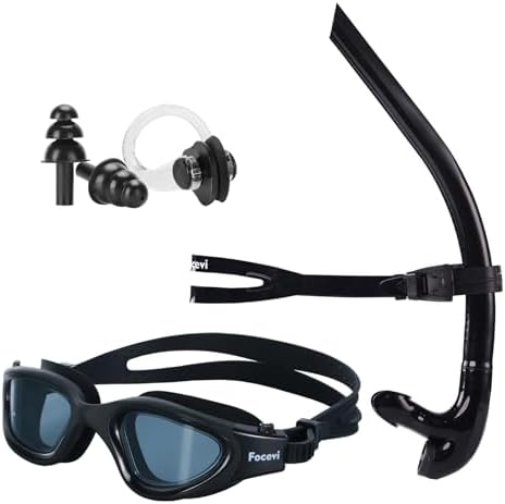 Swim Snorkel for Lap Swimming Set,Includes Snorkel, Goggles, Nose Clips and earplugs, Front Swimming Snorkeling Training for Adult/Kid/Youth,Swimmer Snorkle Center Mount Snorkle Tube