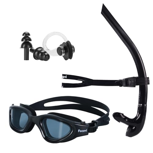 Swim Snorkel for Lap Swimming Set,Includes Snorkel, Goggles, Nose Clips and earplugs, Front Swimming Snorkeling Training for Adult/Kid/Youth,Swimmer Snorkle Center Mount Snorkle Tube