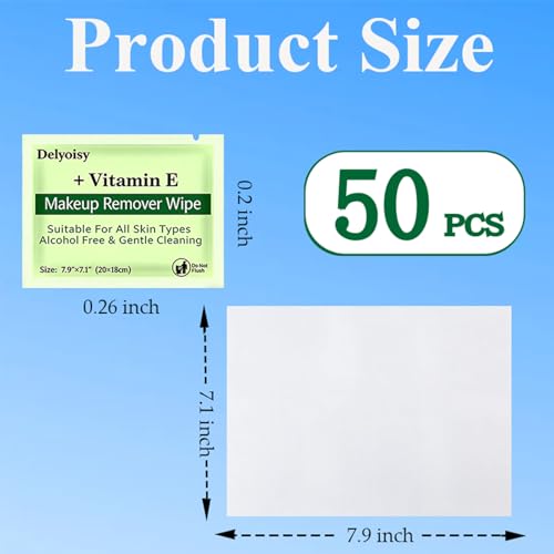 Delyoisy 50 Count Makeup Remover Wipes Bulk, Individually Wrapped & Travel Size - Alcohol-Free & Unscented Facial Cleansing Towelettes for Sensitive Skin, Ideal for Travel, Hotel, Gym and All Skin Types