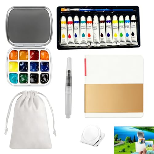 6 Pcs Travel Watercolor Set, Portable Watercolor Palette Set 12 Grid Mini Paint Kit with Sketchbook Brush Magnetic Clips Lid Palette for Artists Sketchers Compact Painting for Outdoor Travel Home Use