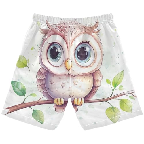 DOMIKING Owl Branch White Boys' Pull On Swim Trunks Quick Dry Boardshorts with Mesh Lining for Boys Kids M2
