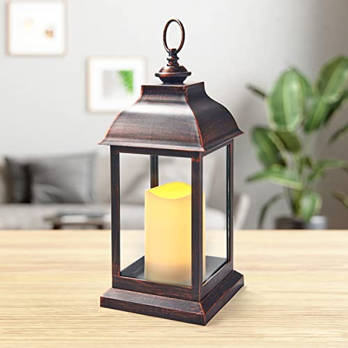 Lamplust Decorative Candle Lanterns With Led Candle -12 Inch Tall Battery Powered Dark Brown Lantern With 6-Hour Timer, Rustic Bronze Finish, Flickering Led Light, Autumn & Fall Decor #TOP4