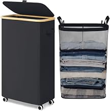 Goodpick Slim Laundry Basket with Wheels and Lid, 75L Rolling Laundry Hamper for Dorm Home Decor, Large Clothes Hamper with Bamboo Frame Removable Bag, Black, 17" x 9.8" x 29.5"