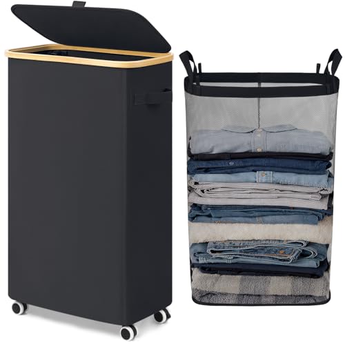 Goodpick 75L Rolling Laundry Basket with Wheels and Lid, Black