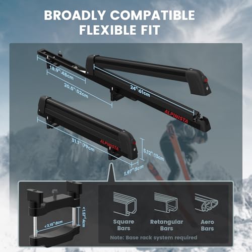 Alpinista Ski & Snowboard Rack for Car Roof with Sliding Extension, Snowboard Roof Rack Fits 5 Ski Pairs or 4 Snowboards, Aluminum, Universal for Square/Rectangular/Aero Bars