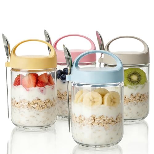Premium Overnight Oats Jars Set - Glass Containers with Lids and Spoons, 4 Pack 14oz Capacity, Airtight Breakfast Storage for Homemade Oatmeal and More