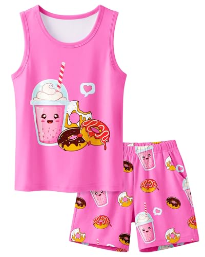 Sylfairy Girls Pajamas for Big kids Pjs Set Tank Tops Pajamas Shorts Set for Teen Girls Summer Casual Sleeveless Sleepwear Clothes Pink Doughnut 7-8 Years