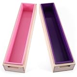 Menkxi 2 Sets Flexible Rectangular Soap Silicone Mold with Wood Box 74 Oz/ 2200 ml Large Soap Silicone Loaf Mold Rectangle Soap Molds for Soap Making Supplies DIY Tool Craft, Purple, Pink