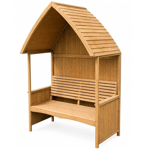 Garden Market Place Bench with Decorative Garden Arbour, Natural Wooden Arbour Seat for Relaxing Outdoor Spaces, Integrated Garden Seat and Arbour, 132 x 84 x 212cm