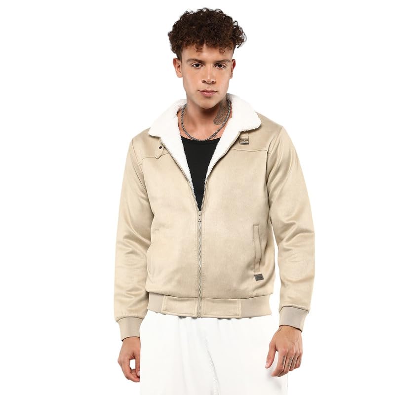 Campus Sutra Men’s Fur-Lined Suede Bomber Jacket For Casual Wear | High Neck | Long Sleeve | Zipper Closure | Jacket Crafted With Comfort Wear For Everyday Wear