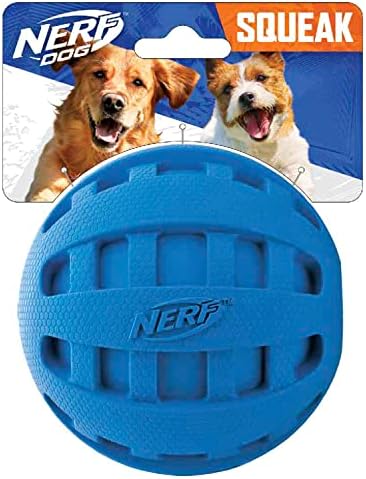 Nerf Dog Rubber Ball Dog Toy with Checkered Squeaker, Lightweight, Durable and Water Resistant, 4 Inch Diameter for Medium/Large Breeds, Single Unit, Blue