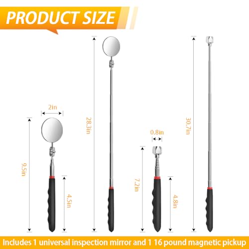 Telescoping Magnetic Pickup Tool Set Pull Force 22 lb, Extendable Magnet Pick-Up Tools, Telescopic Magnet Stick, Round 360° Swivel Adjustable Inspection Mirror, Birthday Gifts for Men, Dad, 2 Pack