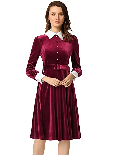 Allegra K Robe mi-Longue en Velours avec col à Revers contrasté et Manches Longues Bouffantes pour Femme Bordeaux XL Cover
