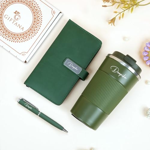 Image of Giftana Personalized Diary with Pen, Coffee Tumbler with Name, 3 in 1 Diary, Pen, Tumbler, Personalized Gifts for Husband Birthday, New Year Corporate Gifts for Employee (Green)