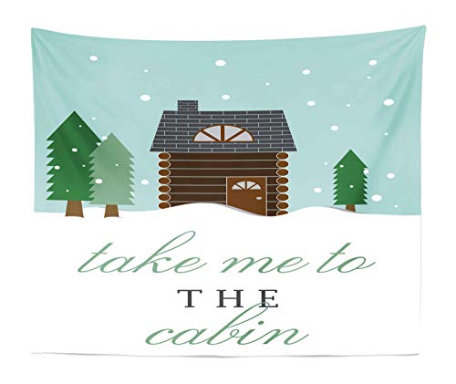 Ambesonne Log Cabin Tapestry King Size, Greeting Card Sketch With Small Wooden Lodge In Winter Theme, Wall Hanging Bedspread Bed Cover Wall Decor, 104" X 88", Pale Seafoam Multicolor #TOP22