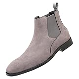 ANUFER Men's Cowhide Suede Leather Chelsea Boots Square Toe Slip On Dress Ankle Booties Grey SN0711231 UK8