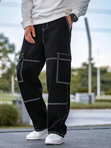 Image of URBAN POCKETS Jeans for Men | Denim Cargo Pants with Baggy Fit Utility Pockets & Streetwear Stitch Design (Cargo-U01-U02)