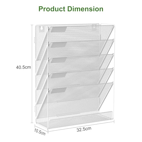 Solinxe Zeitungshalter Wand mit 5 Fächern Metall Zeitungsständer Hängeregister Wandablagefächer A4 Papier Dokumentenablage Büro Schule Ablage Organizer, Weiß