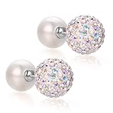 Blingest Pearl Crystal Double Sided Stud Earrings Front Back Catch Earring for Women Girls10mm (Crystal Aurore Boreale Can Replacement )