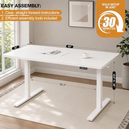 Grandder 63x32 Large Electric Standing Desk, Height Adjustable Computer Desk with 2 Memory Presets, 31.5" Deep Desktop Sit Stand Desk Home Office Desk Workstation Table with Hooks, White by Grandder - Used condition - Image 8