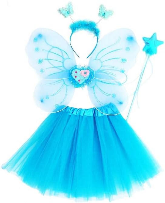 Fun Play Fairy Costume Fancy dress up for girls Butterfly Wings, Tutu, Magic Wand and Headband set- butterfly costumes angel wings for 3-8 year years girls Aqua Blue Colour