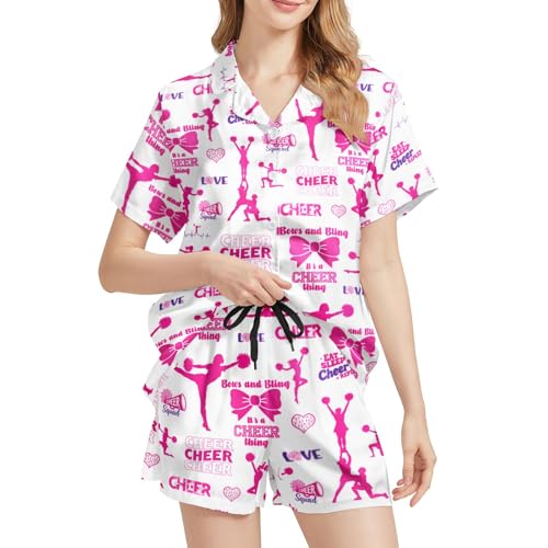 Image of Funny Pajamas for Women Set Print Satin Loungewear Pjs Short Sleeve Button Down Top and Shorts Sets Sleepwear XS-3XL