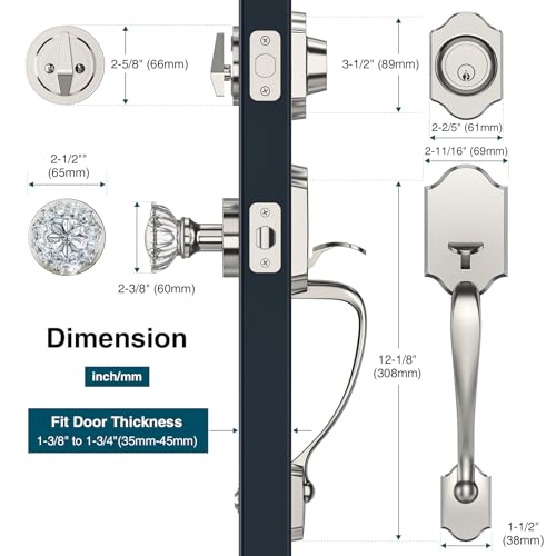 Calzibeno Brushed Nickel Front Door Handle and Deadbolt Set, Front Door Lock Set with Crystal Glass Door Knob, Exterior Door Lock Set with Single Cylinder, Reversible for Right & Left, Satin Nickel by Calzibeno - Image 5