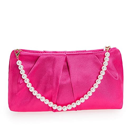 CHARMING TAILOR Evening Bag Women Wedding Party Handbag Small Dressy Formal Purse Pleated Satin Clutch (Hot Pink)