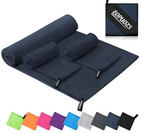 EOPUOZS Asciugamano Microfibra Set di 3, Asciugatura Rapida Assorbente Asciugamano Palestra, Leggero Telo da Viaggio Ideale per Fitness, Viaggi, Spiaggia, Yoga, Sauna, Campeggio (Blu Navy)
