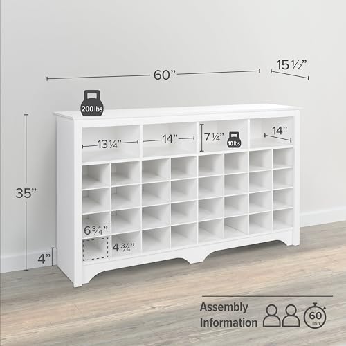 Image of Prepac White Console Table, Shoe Cabinet, Storage Cabinet with 32 Shoe Cubbies and 4 Large Storage Cubbies 15.5 inch D x 60 inch W x 35 inch H